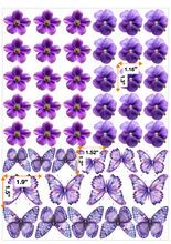 Load image into Gallery viewer, Assorted edible purple floral decorations featuring detailed pansy flowers and coordinating butterflies with intricate wing designs in rich purple tones
