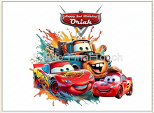 Load image into Gallery viewer, Birthday cake topper with cartoon cars and colorful design, featuring the text 'Happy Birthday'.