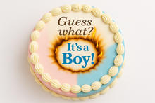 Load image into Gallery viewer, Gender reveal burn away cake topper with dramatic flame effect showing text reveal
