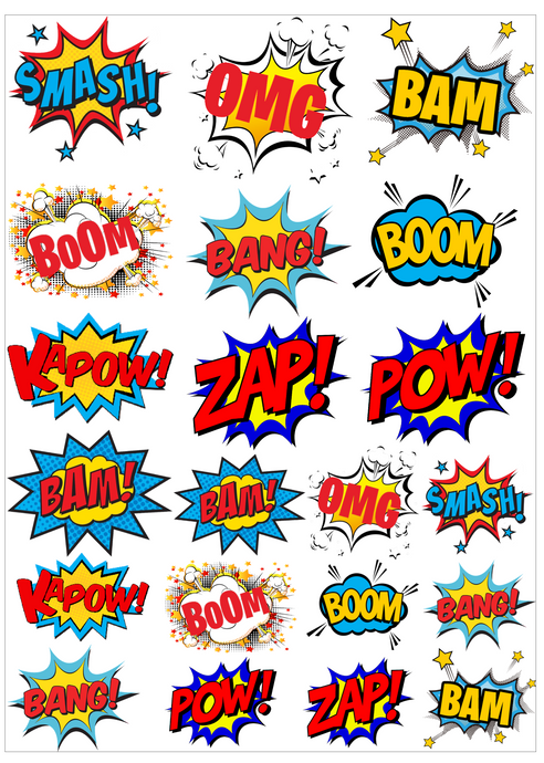 Collection of colorful comic book sound effect bubbles with words like 'SMASH!', 'OMG', 'BAM', 'BOOM', 'BANG', 'VAPOW!', 'ZAP!', 'POW!' on a white background.
