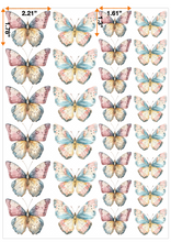 Load image into Gallery viewer, Edible Collection of hand-painted watercolor butterflies in pastel tones of pink, blue, and cream, arranged on a full edible sheet for cake toppers.
