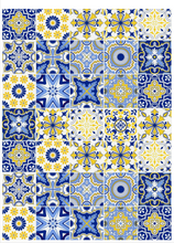 Load image into Gallery viewer, Portuguese tile pattern edible icing sheet with large blue and yellow azulejo design for cake decoration

