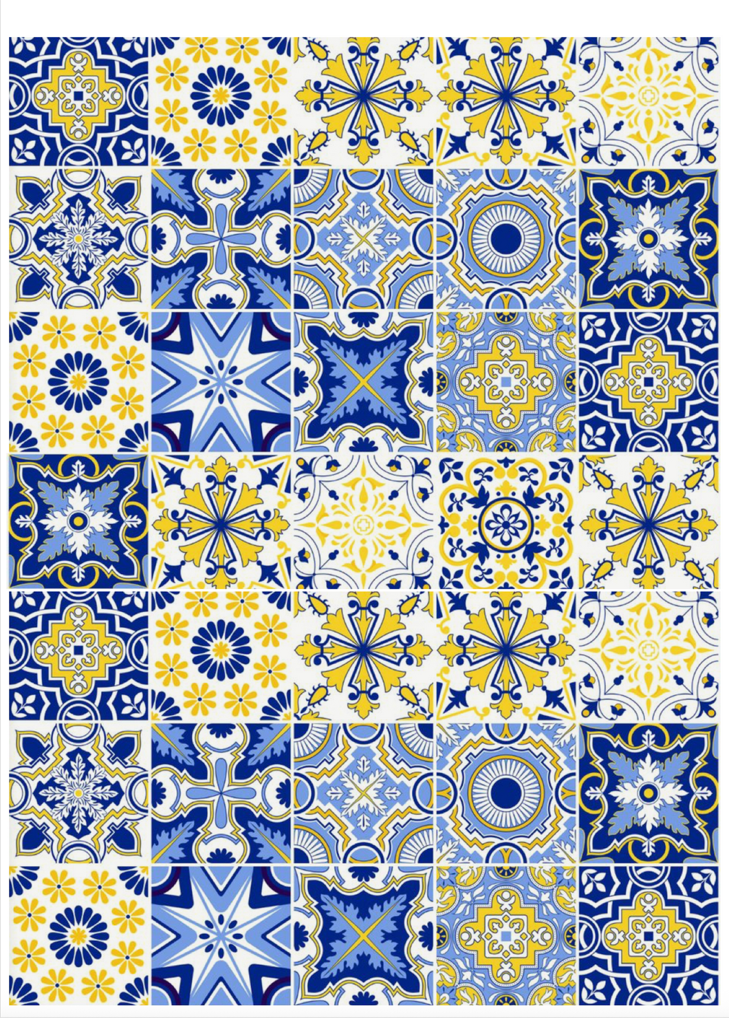 Portuguese tile pattern edible icing sheet with large blue and yellow azulejo design for cake decoration