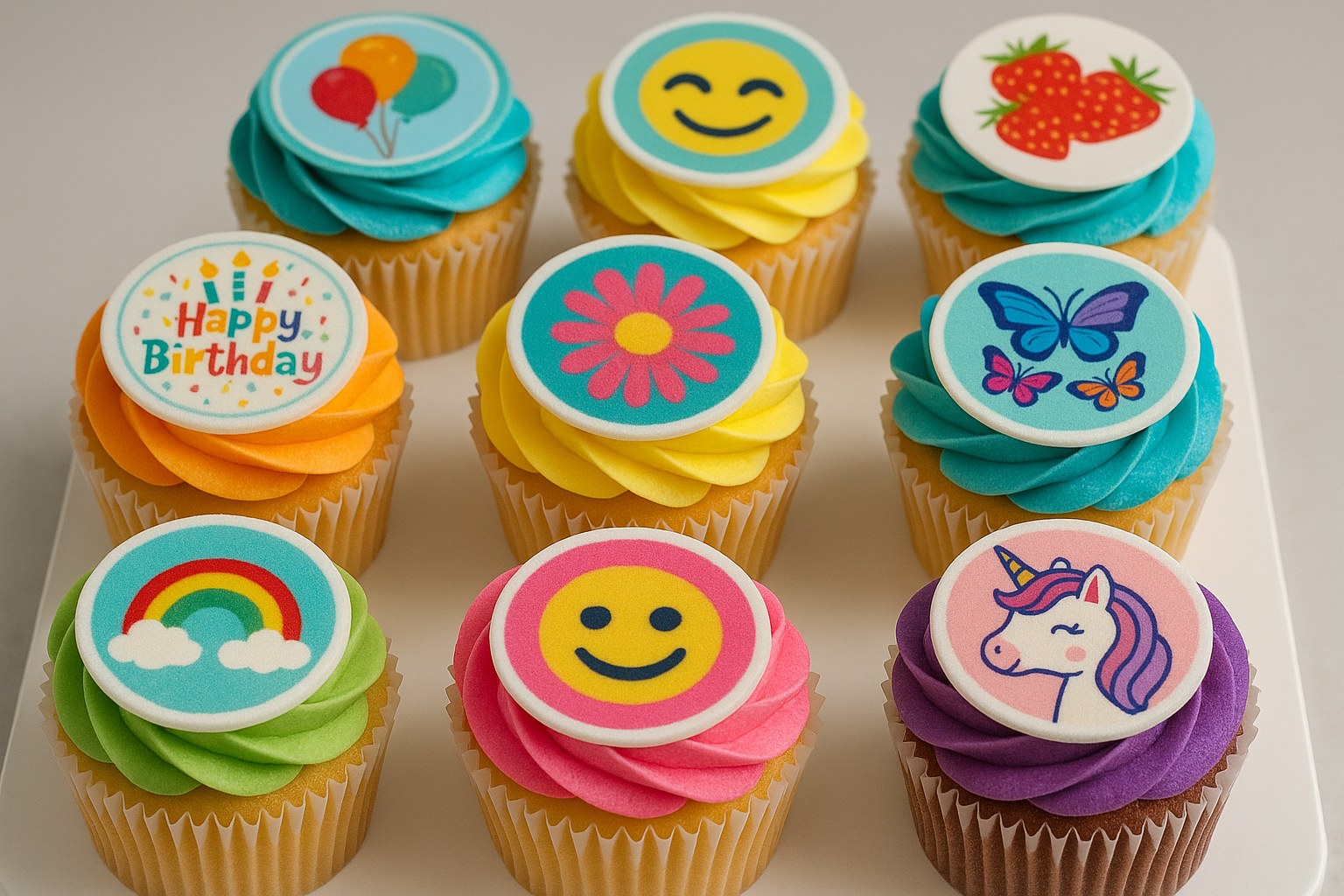 Colorful cupcakes topped with custom edible image designs