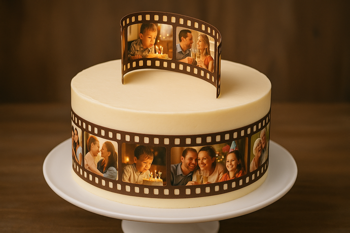 Edible photo reel cake topper with multiple custom images in film strip design