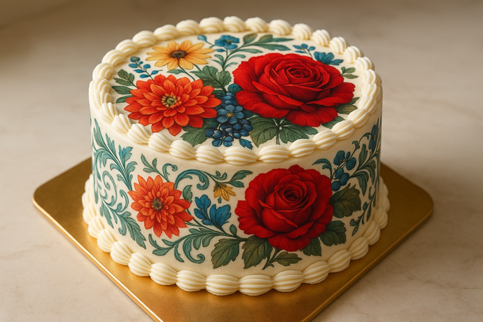Close-up of cake with custom edible icing sheet showing high quality detail