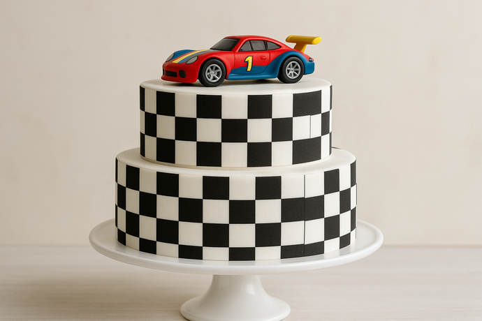 Racing themed birthday cake featuring checkered flag pattern decoration