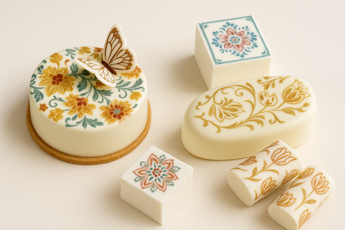 Elegant white meringues with intricate transferred designs created using edible transfer sheets