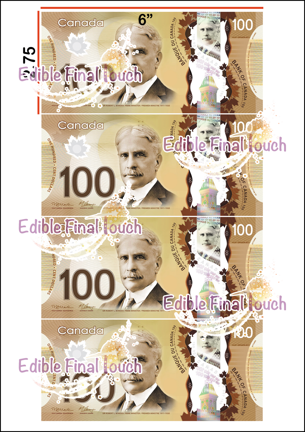 Edible $100 Canadian Bill Cake Topper - Money Theme Decorations
